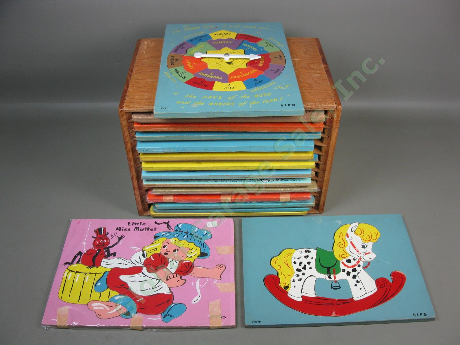 Vtg 18 Piece COMPLETE Wooden Frame Tray Jigsaw Puzzle Lot +Box Playskool Sifo NR