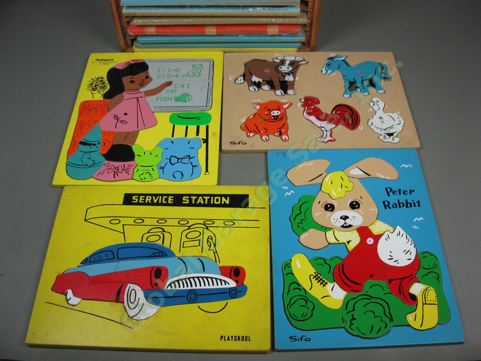 Vtg 18 Piece COMPLETE Wooden Frame Tray Jigsaw Puzzle Lot +Box Playskool Sifo NR 2