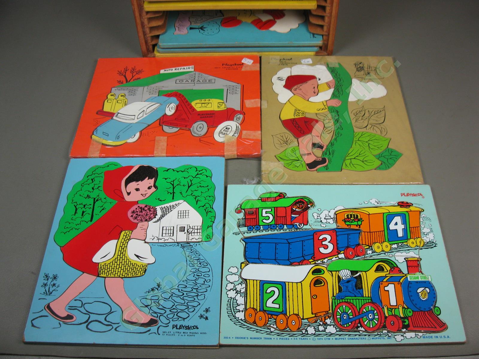 Vtg 18 Piece COMPLETE Wooden Frame Tray Jigsaw Puzzle Lot +Box Playskool Sifo NR 3