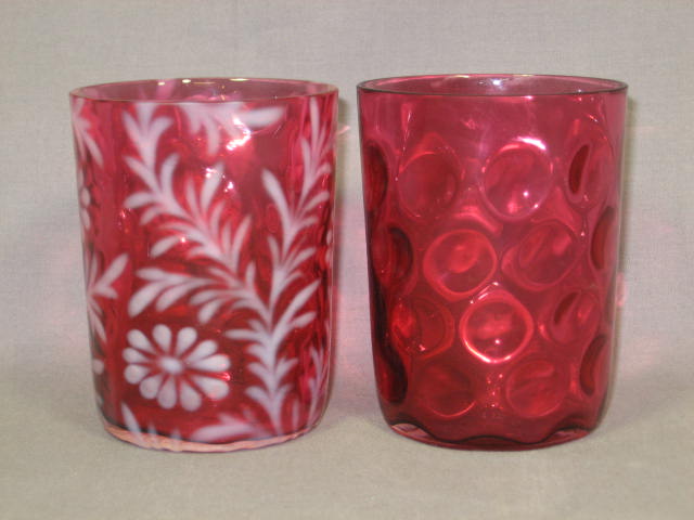 Opalescent Glass Tumbler Set Cranberry Fenton Hat Vase 3