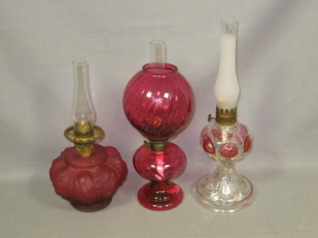 3 Antique Miniature Ruby Red Depression Glass Oil Lamps