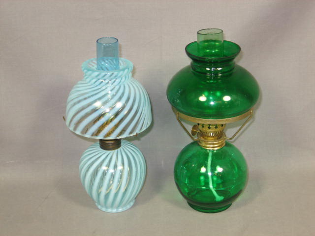 2 Antique Miniature Glass Oil Lamps Blue Swirl Green NR