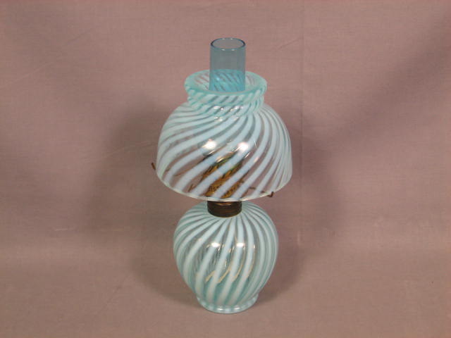 2 Antique Miniature Glass Oil Lamps Blue Swirl Green NR 1