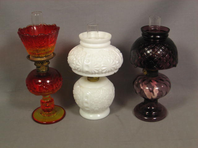 3 Antique Miniature Depression Glass Oil Lamps Milk NR