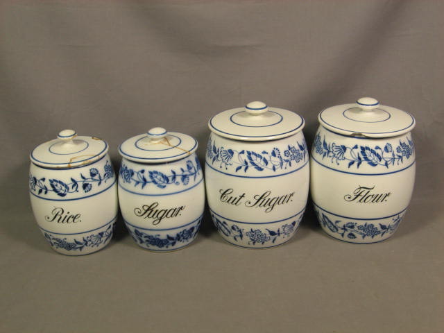 4 Pc German Flow Blue Onion Apothecary Jar Canister Set