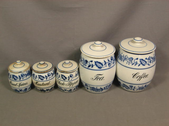 5 Pc German Flow Blue Onion Apothecary Jar Canister Set