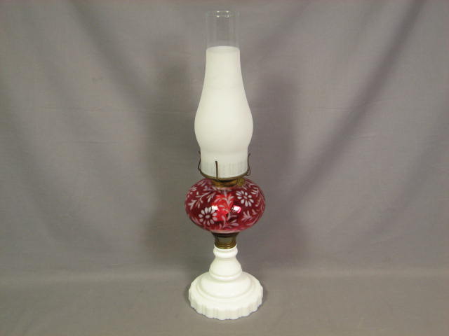 Antique Fenton Opalescent Cranberry Milk Glass Oil Lamp