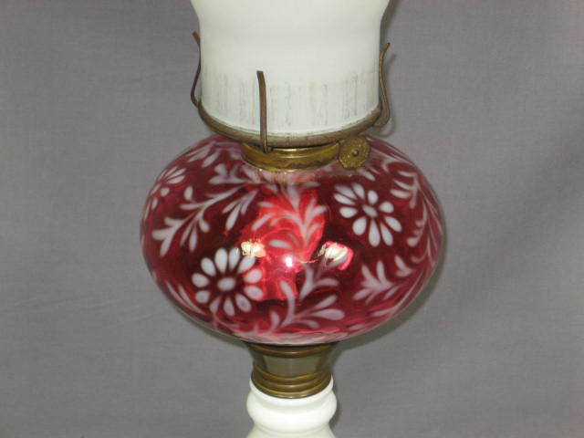 Antique Fenton Opalescent Cranberry Milk Glass Oil Lamp 1