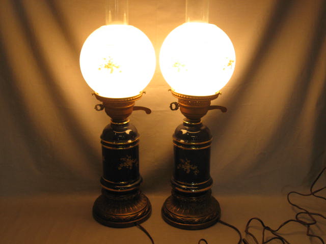 2 Antique Cobalt Blue Porcelain Milk Glass Desk Lamps