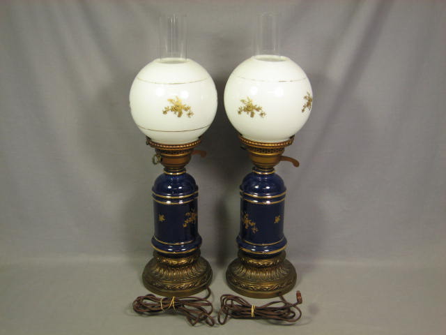 2 Antique Cobalt Blue Porcelain Milk Glass Desk Lamps 1