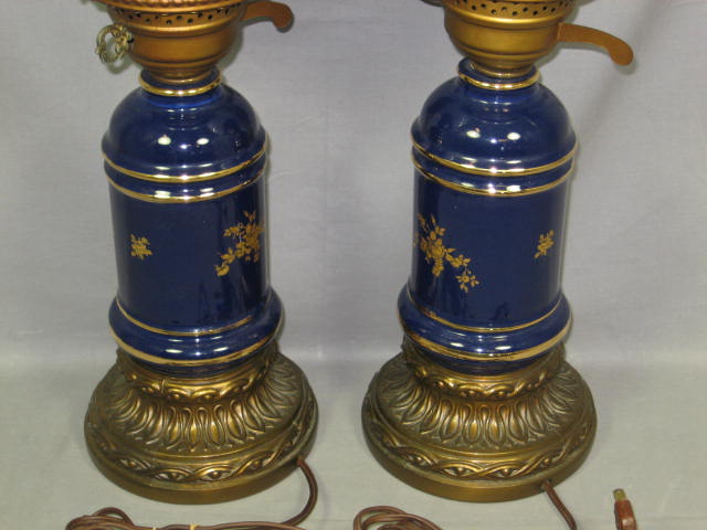 2 Antique Cobalt Blue Porcelain Milk Glass Desk Lamps 3
