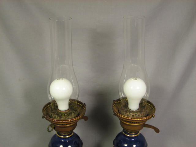 2 Antique Cobalt Blue Porcelain Milk Glass Desk Lamps 4