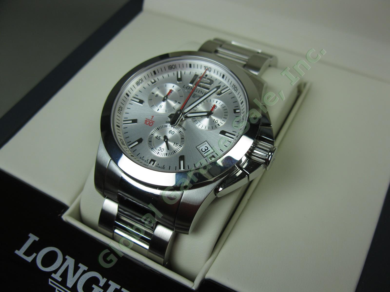 Longines Sport Conquest 41mm Silver Dial Stainless Steel Chronograph Watch + EUC 2