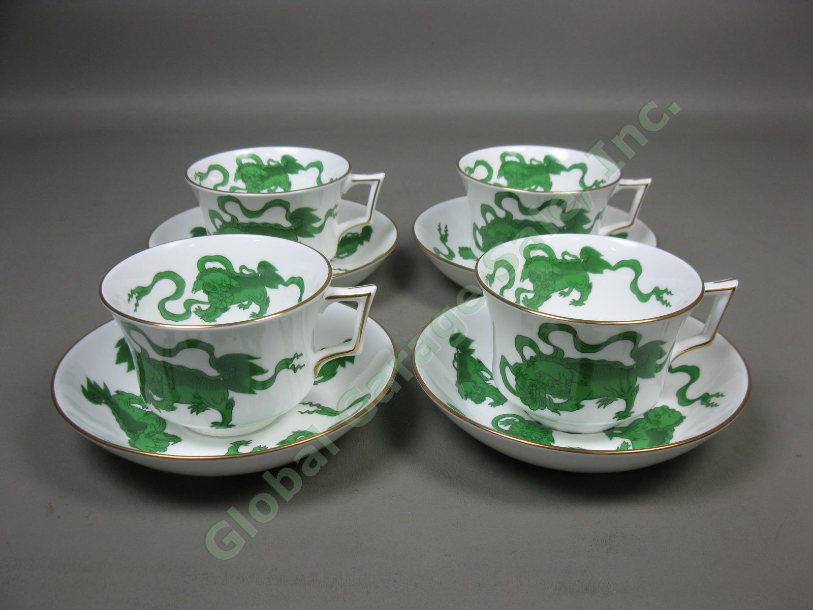 4 Wedgwood England Bone China Chinese Tigers Green Coffee Cups & Saucers Set Lot