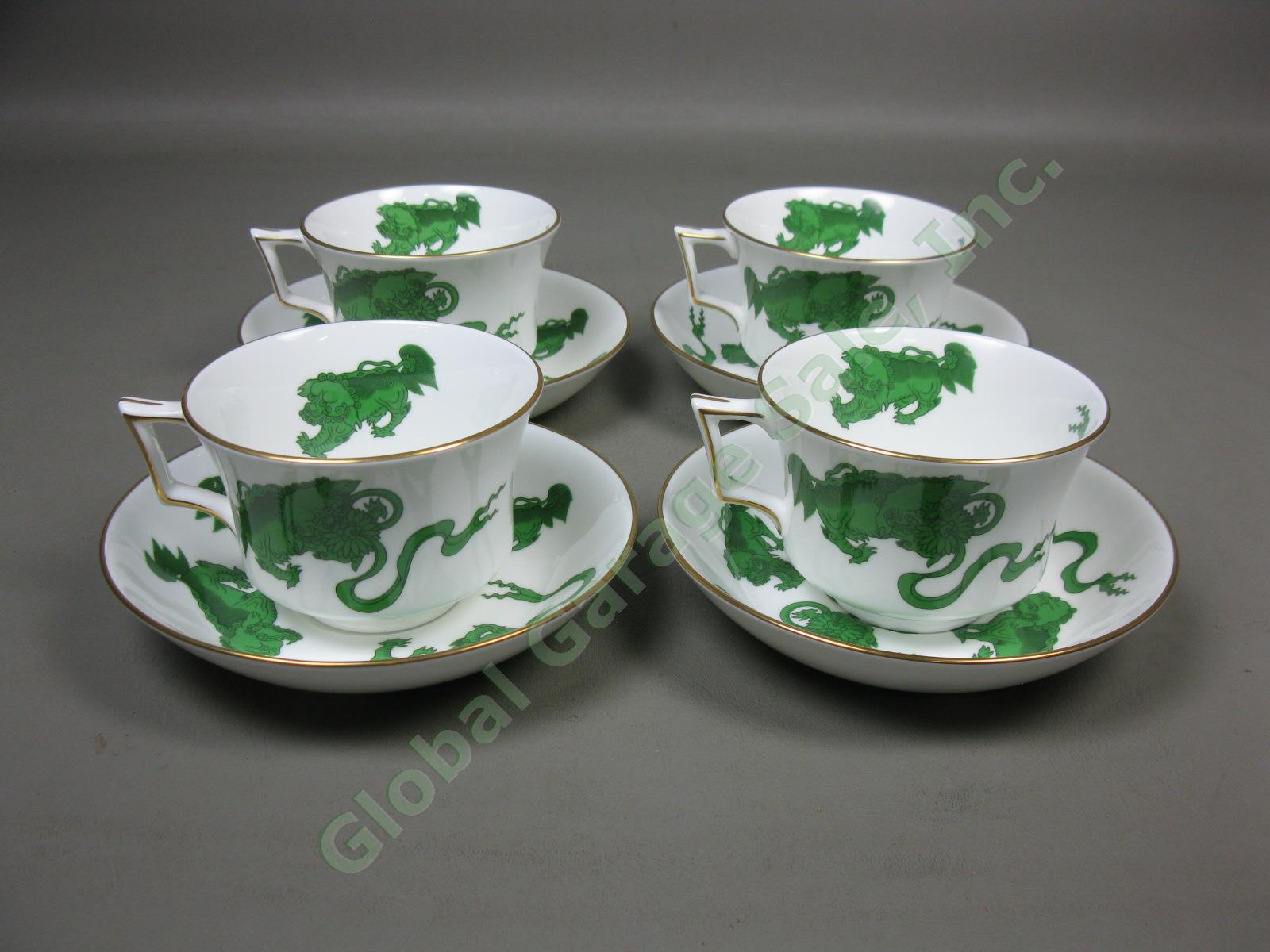 4 Wedgwood England Bone China Chinese Tigers Green Coffee Cups & Saucers Set Lot 1