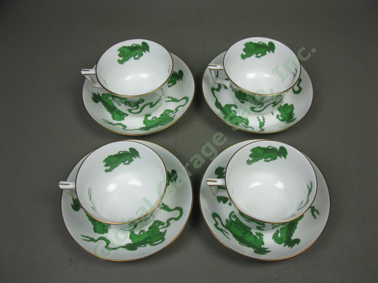 4 Wedgwood England Bone China Chinese Tigers Green Coffee Cups & Saucers Set Lot 2