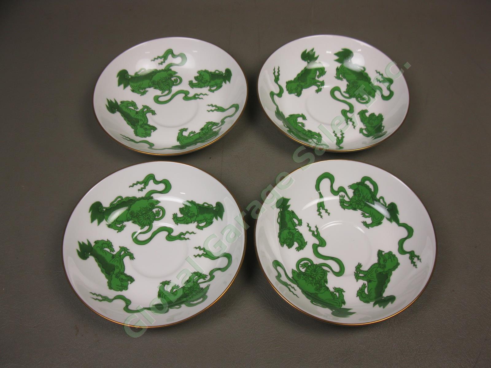 4 Wedgwood England Bone China Chinese Tigers Green Coffee Cups & Saucers Set Lot 3