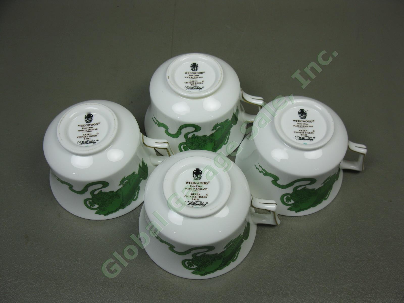 4 Wedgwood England Bone China Chinese Tigers Green Coffee Cups & Saucers Set Lot 5