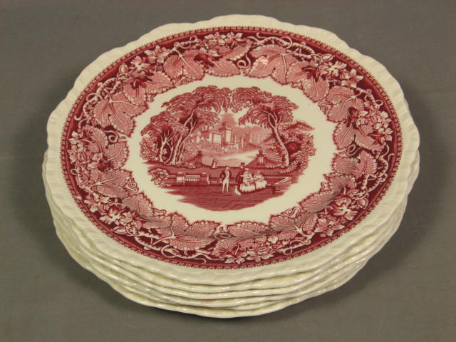 6 Antique Masons Ironstone Vista Red Dinner Plates Set