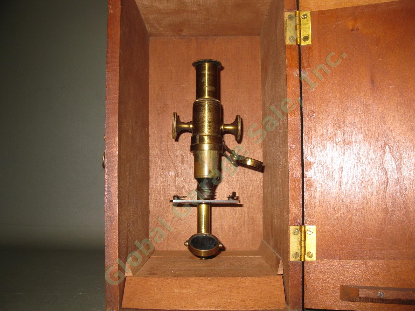 8" Vtg Antique Brass Microscope Marked "12" On Base W/ Wood Wooden Case Box Lot 11