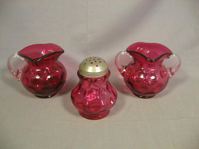 Antique Ruby Red Glass Sugar Shaker Creamer Bowl Set NR