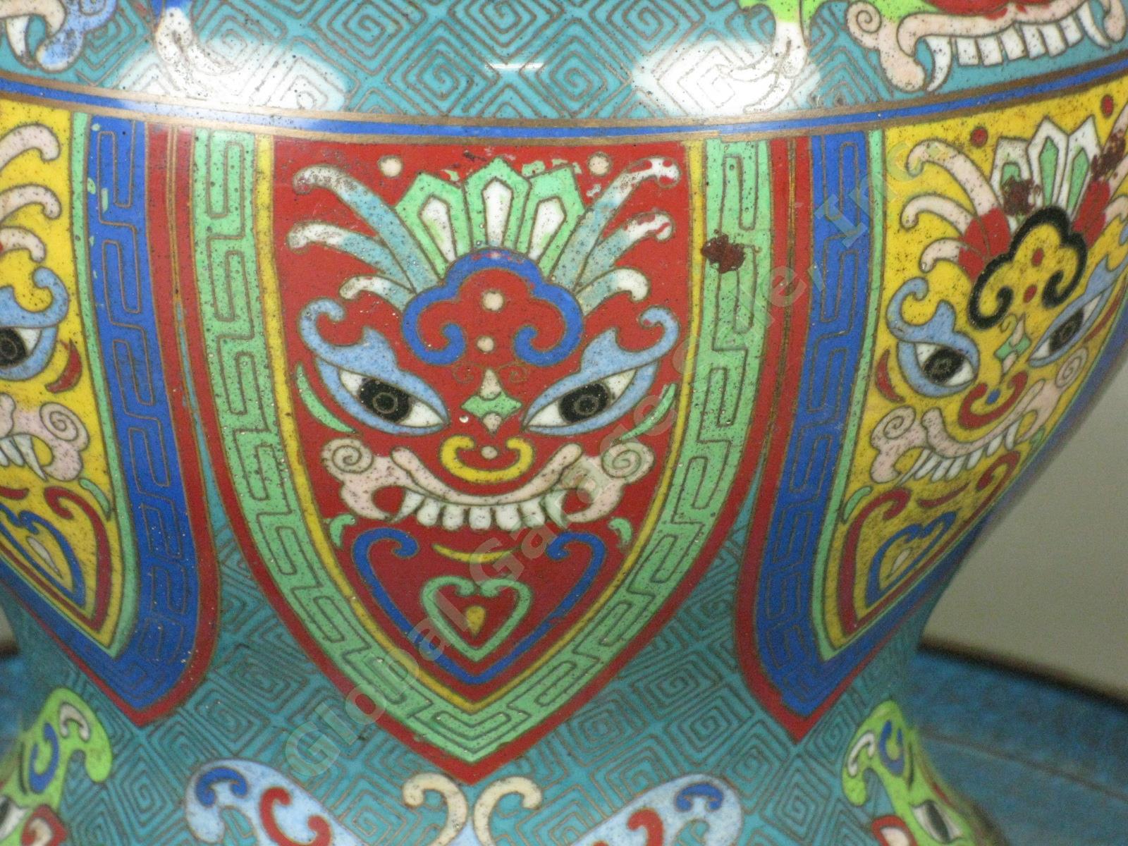Vtg Antique Chinese Enamel Cloisonne Metal Dragon Lidded Brass Urn Vessel +Plate 1