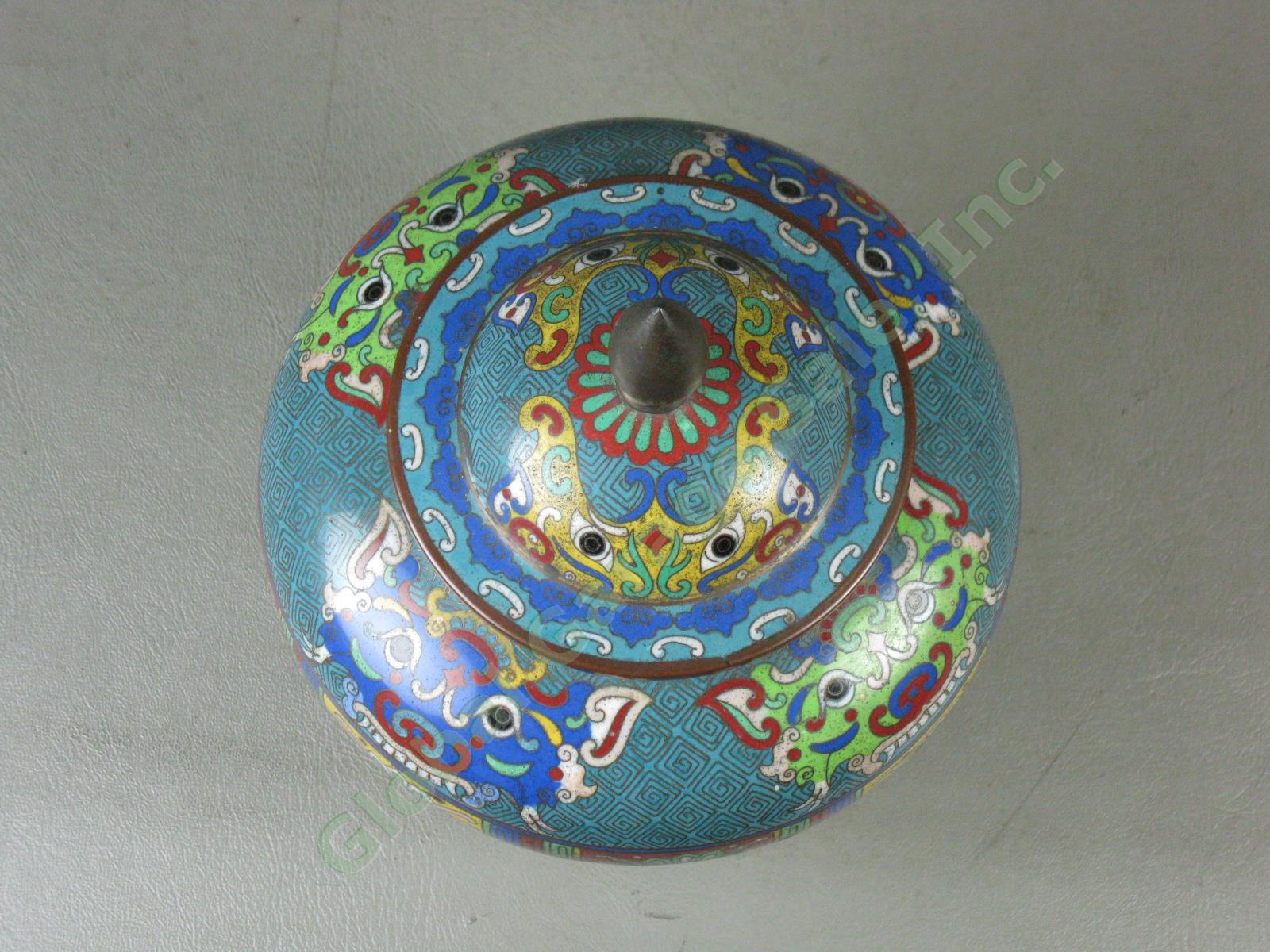 Vtg Antique Chinese Enamel Cloisonne Metal Dragon Lidded Brass Urn Vessel +Plate 2