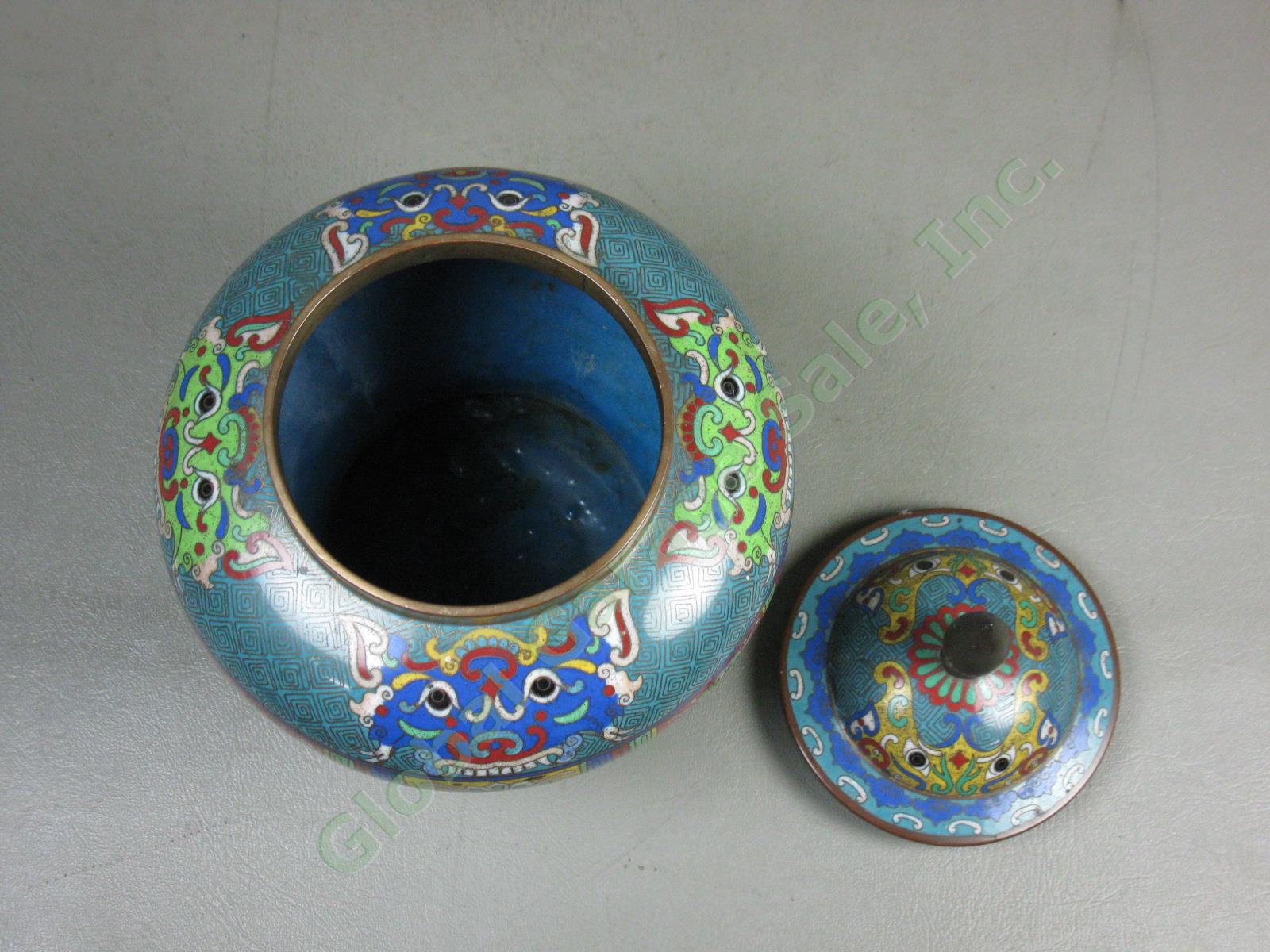 Vtg Antique Chinese Enamel Cloisonne Metal Dragon Lidded Brass Urn Vessel +Plate 3