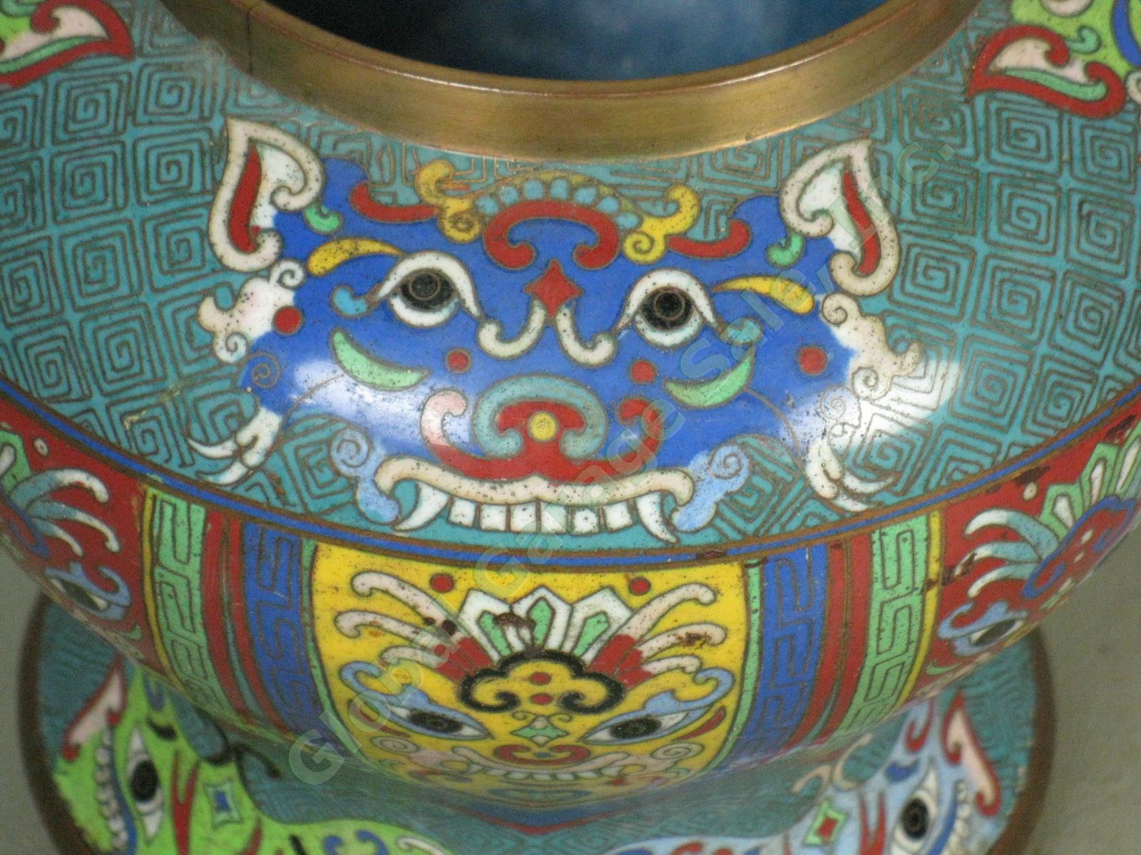 Vtg Antique Chinese Enamel Cloisonne Metal Dragon Lidded Brass Urn Vessel +Plate 4