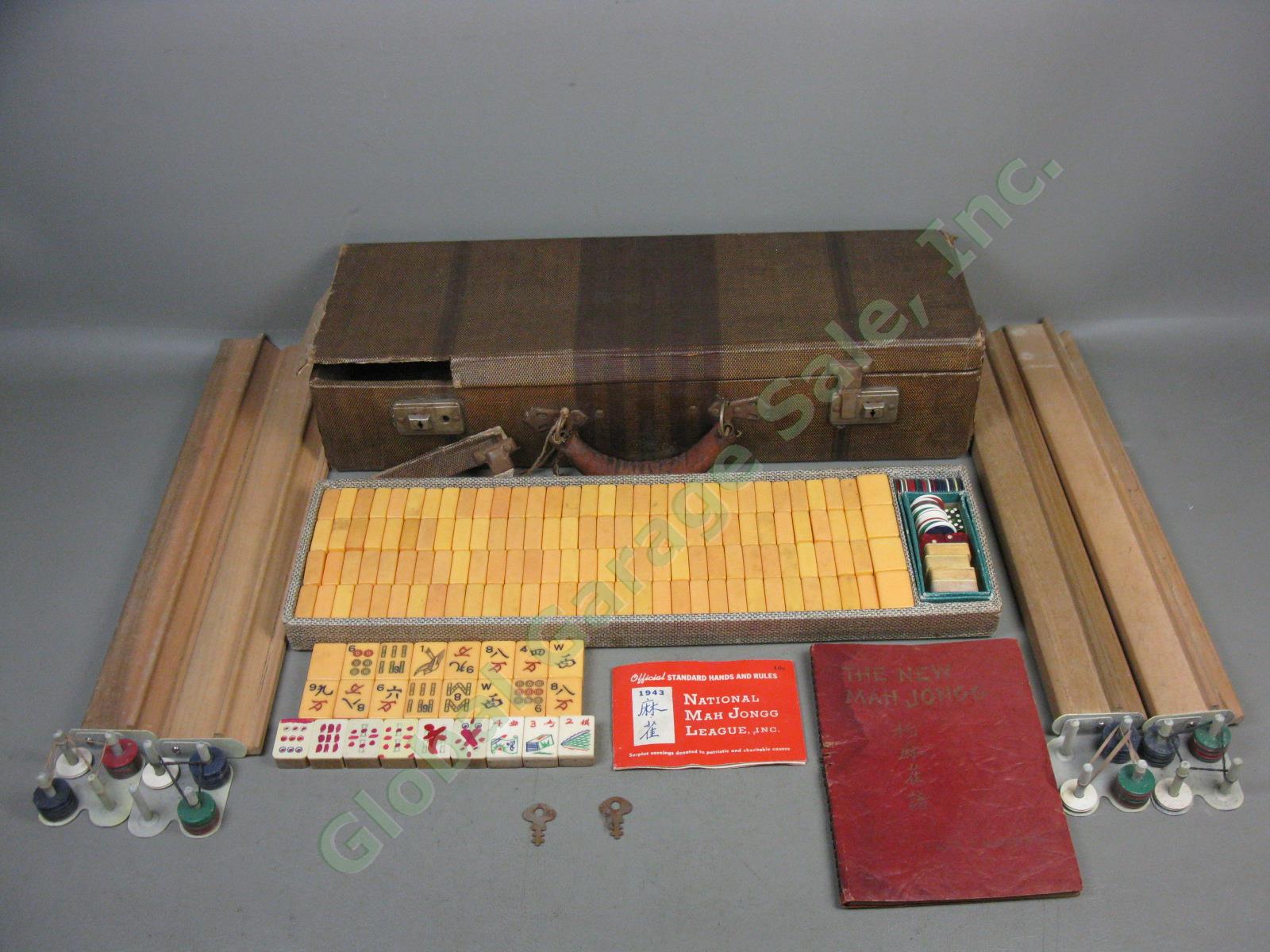 Vtg Mah Jong Jongg Mahjong Game Set 161 Bakelite Catalin Bamboo +Wood Tiles Rack