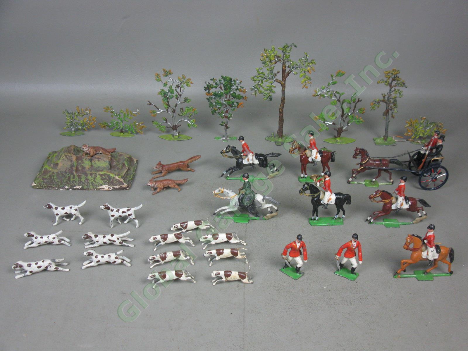 33-Pc Vtg Antique Metal Lead Fox Hunting Figure Lot Dogs Horses Carriage Trees +