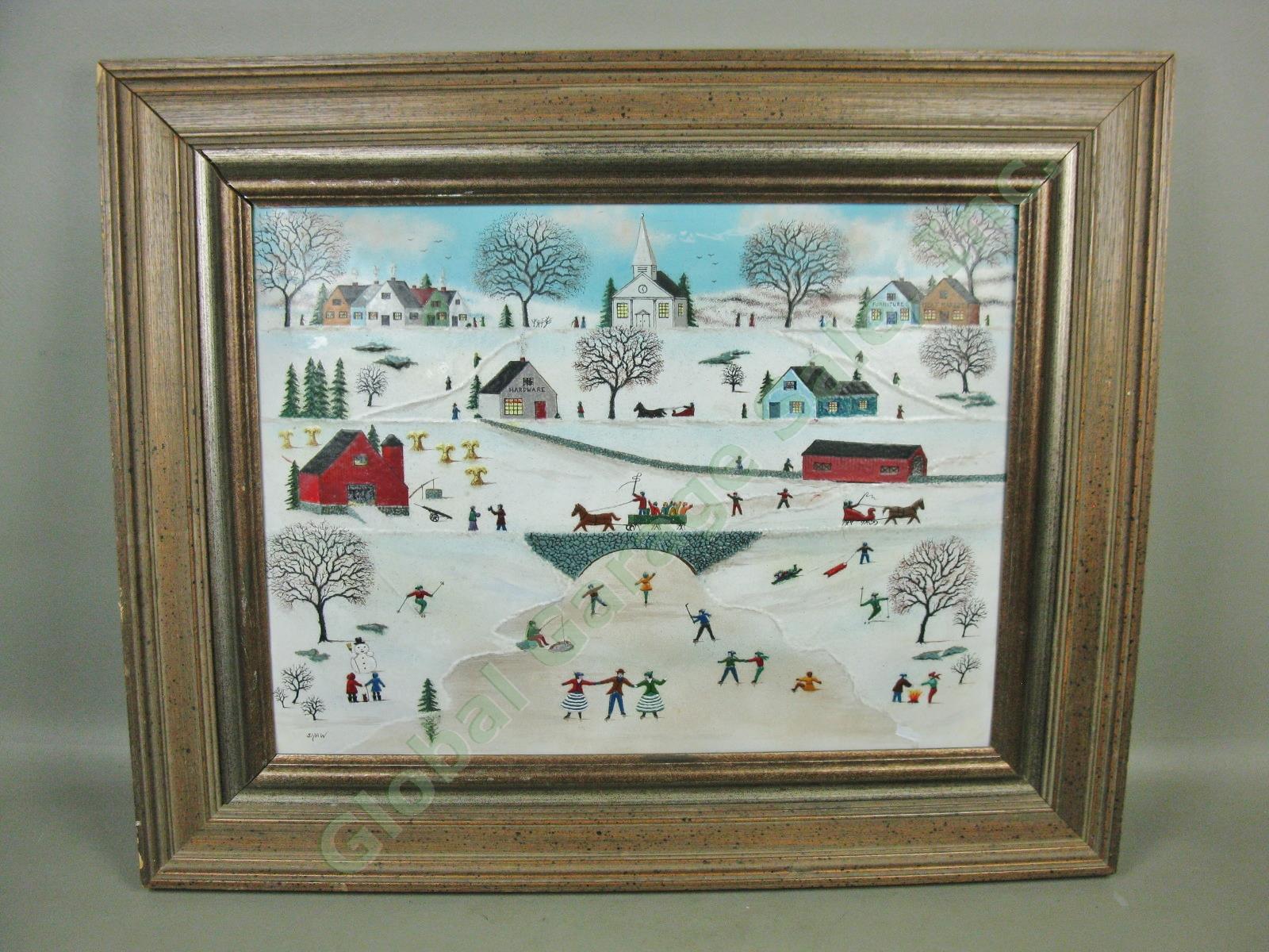 Vtg Original John Shaw Signed Winter Skating Enamel On Copper Folk Art Painting