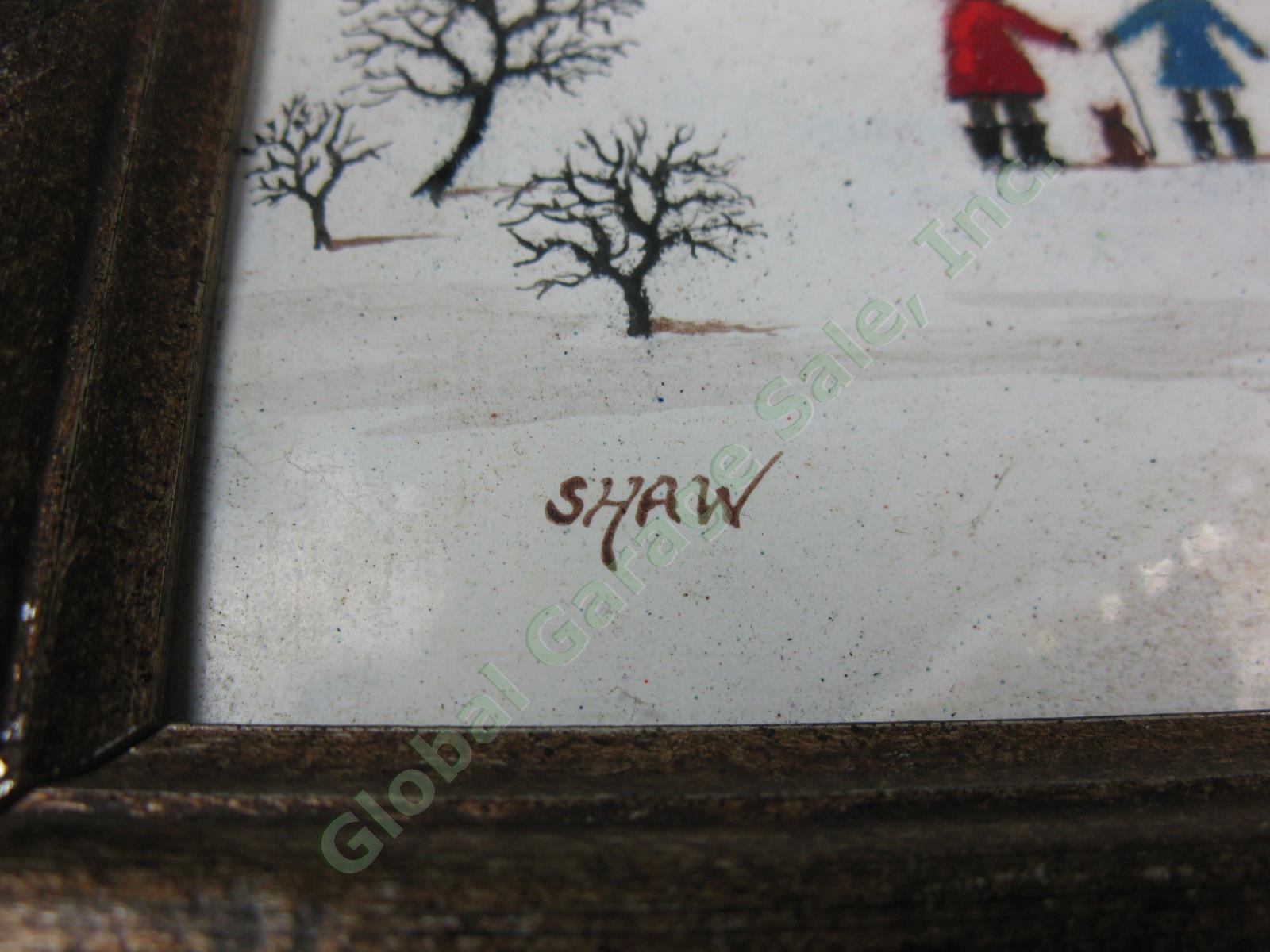 Vtg Original John Shaw Signed Winter Skating Enamel On Copper Folk Art Painting 4