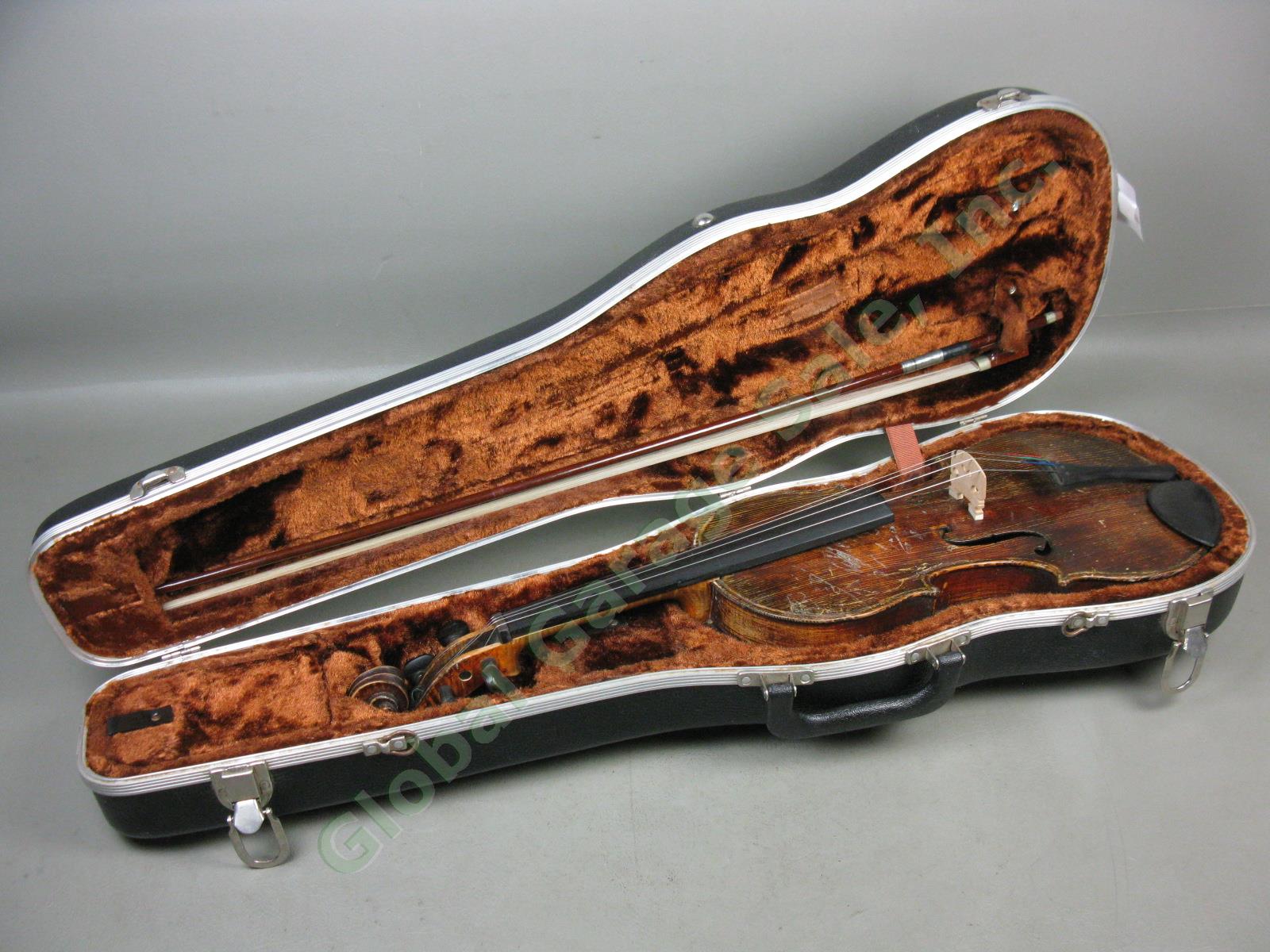 Vtg Antique Full Size 4/4 Wood Violin W/ Aubert Bridge Hard Case + Bow