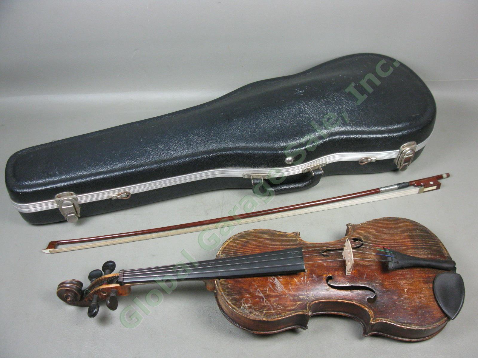 Vtg Antique Full Size 4/4 Wood Violin W/ Aubert Bridge Hard Case + Bow 2