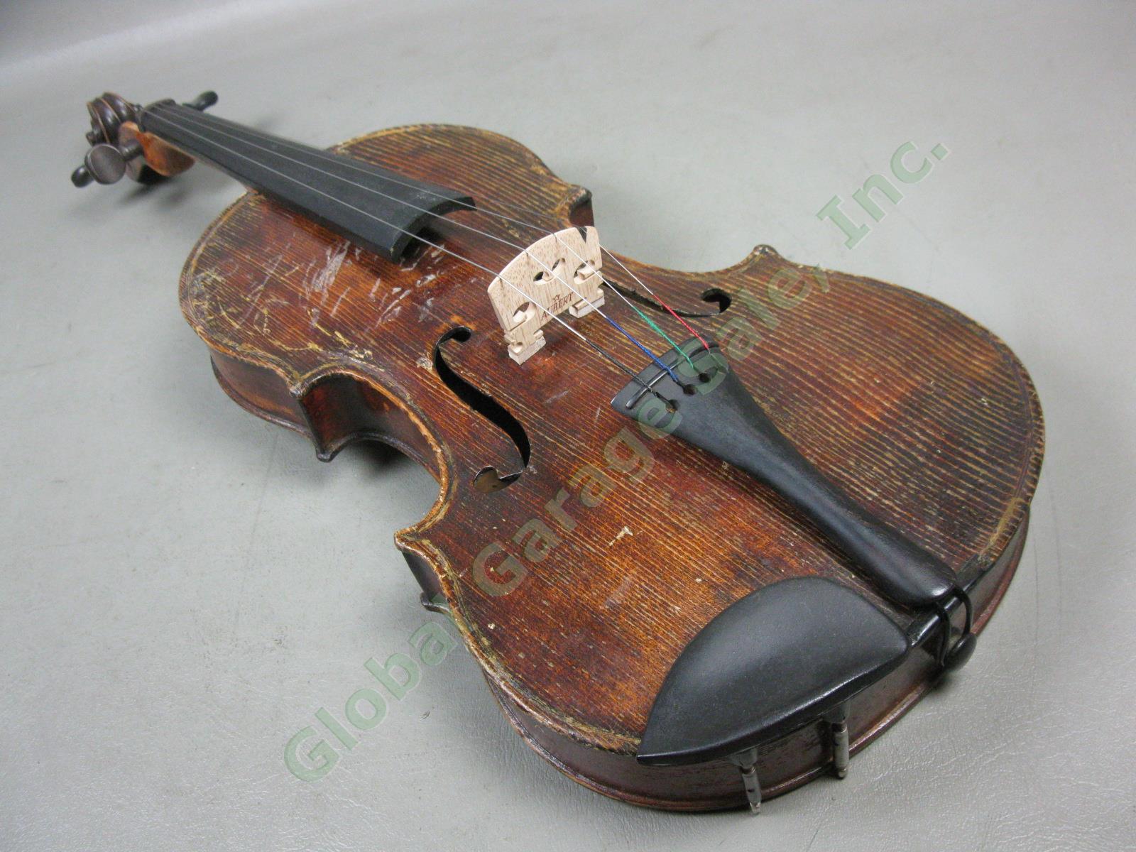 Vtg Antique Full Size 4/4 Wood Violin W/ Aubert Bridge Hard Case + Bow 3