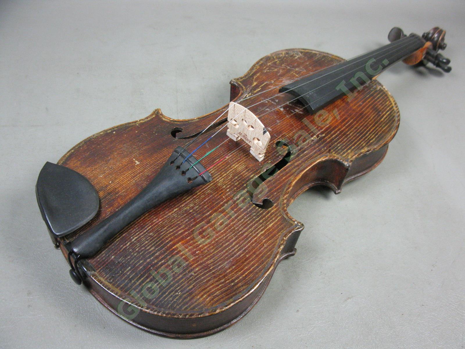 Vtg Antique Full Size 4/4 Wood Violin W/ Aubert Bridge Hard Case + Bow 4