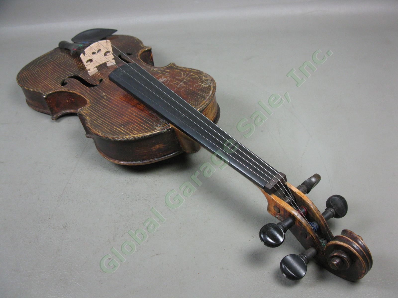 Vtg Antique Full Size 4/4 Wood Violin W/ Aubert Bridge Hard Case + Bow 6