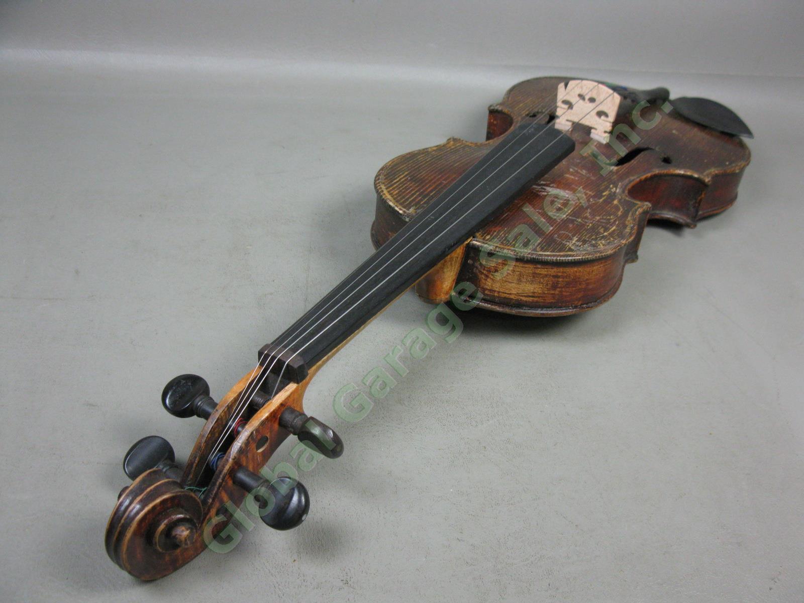 Vtg Antique Full Size 4/4 Wood Violin W/ Aubert Bridge Hard Case + Bow 7