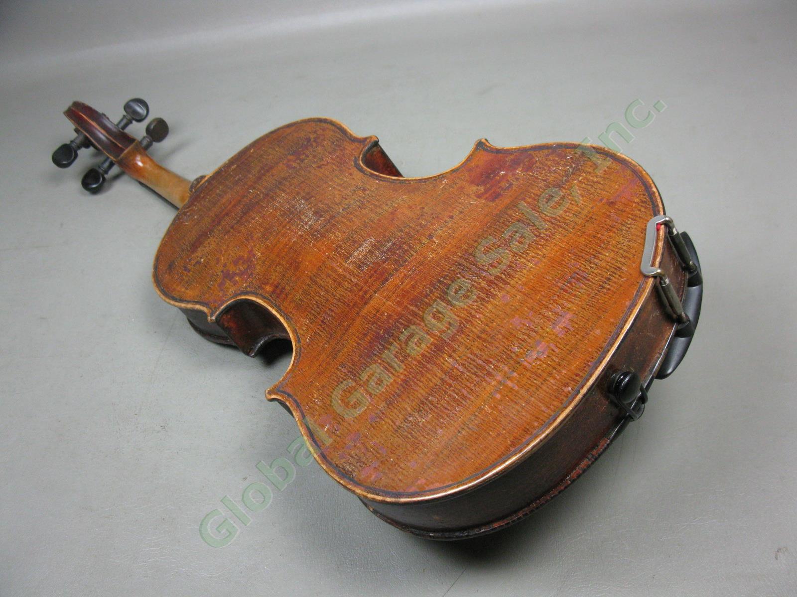 Vtg Antique Full Size 4/4 Wood Violin W/ Aubert Bridge Hard Case + Bow 9