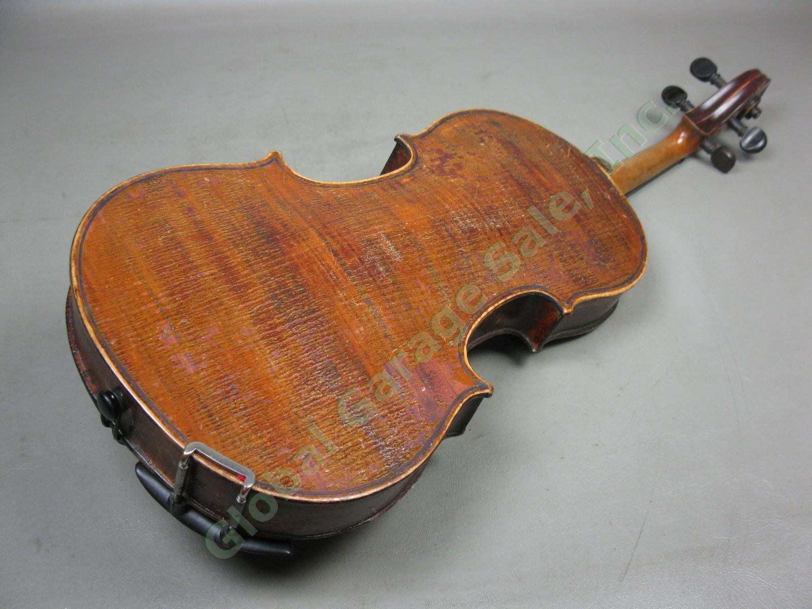 Vtg Antique Full Size 4/4 Wood Violin W/ Aubert Bridge Hard Case + Bow 10