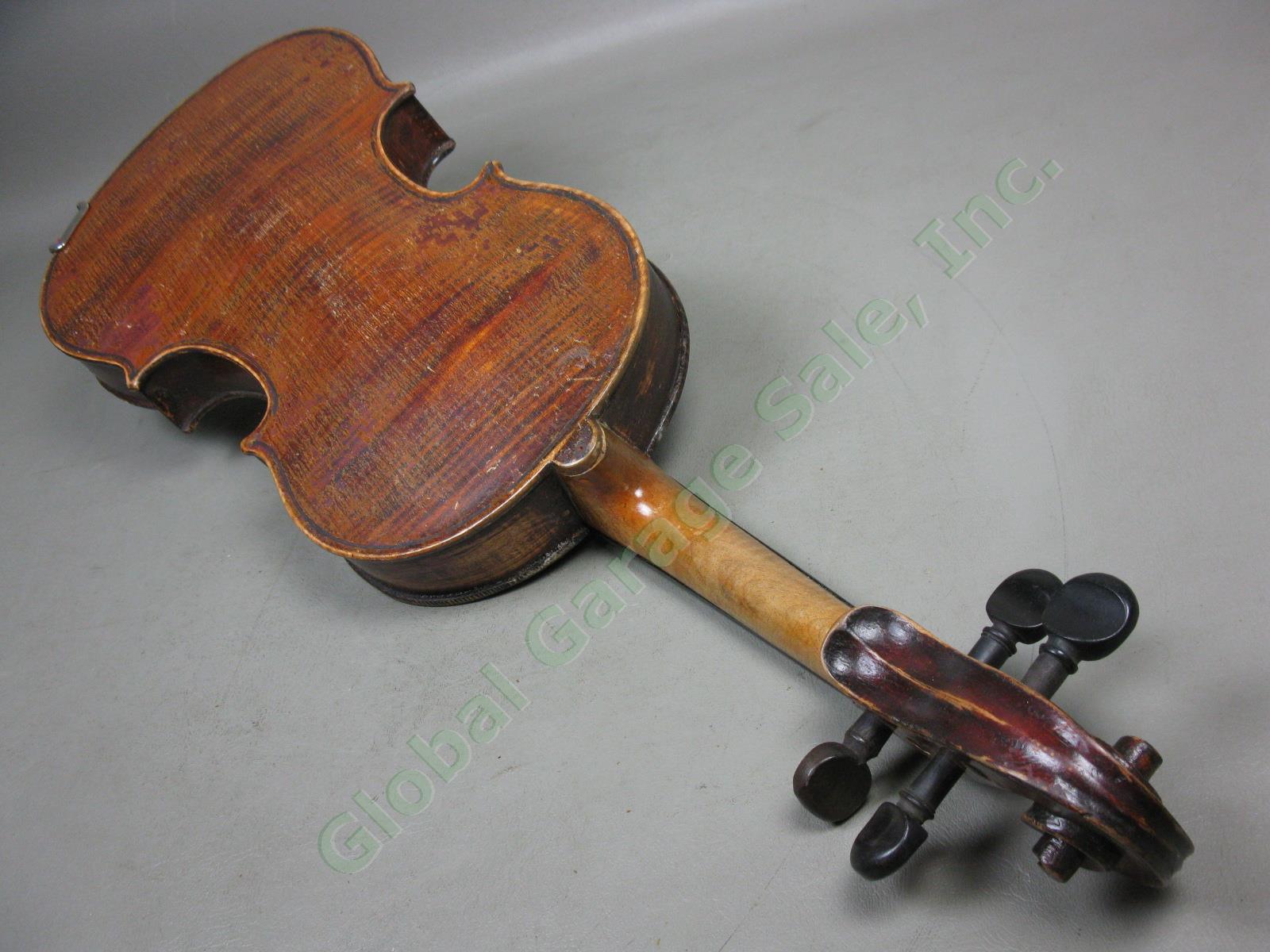 Vtg Antique Full Size 4/4 Wood Violin W/ Aubert Bridge Hard Case + Bow 11