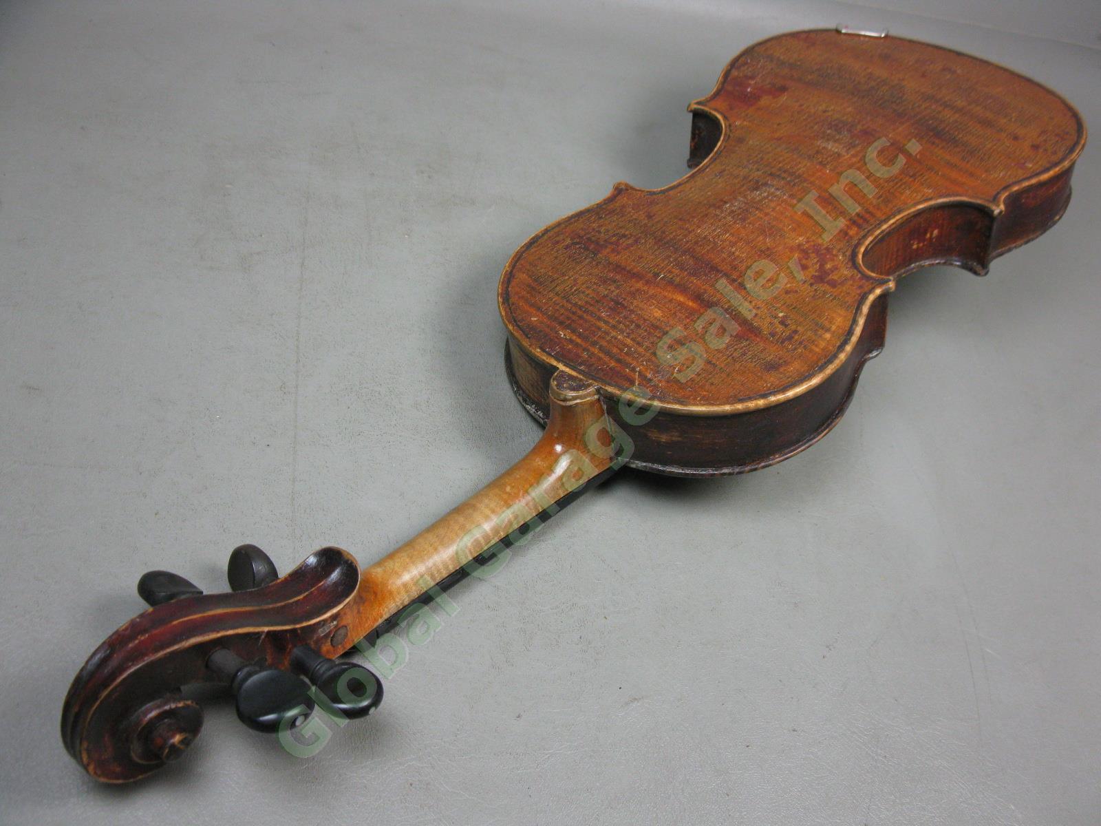 Vtg Antique Full Size 4/4 Wood Violin W/ Aubert Bridge Hard Case + Bow 12