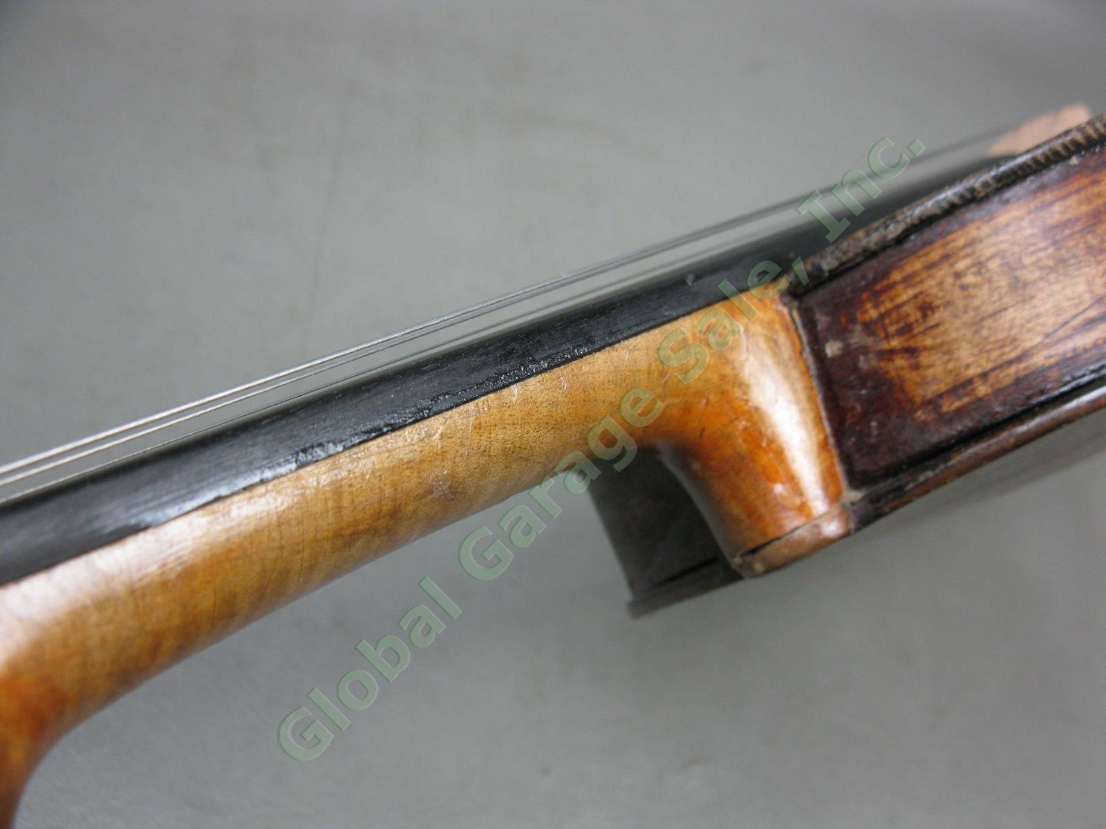 Vtg Antique Full Size 4/4 Wood Violin W/ Aubert Bridge Hard Case + Bow 13
