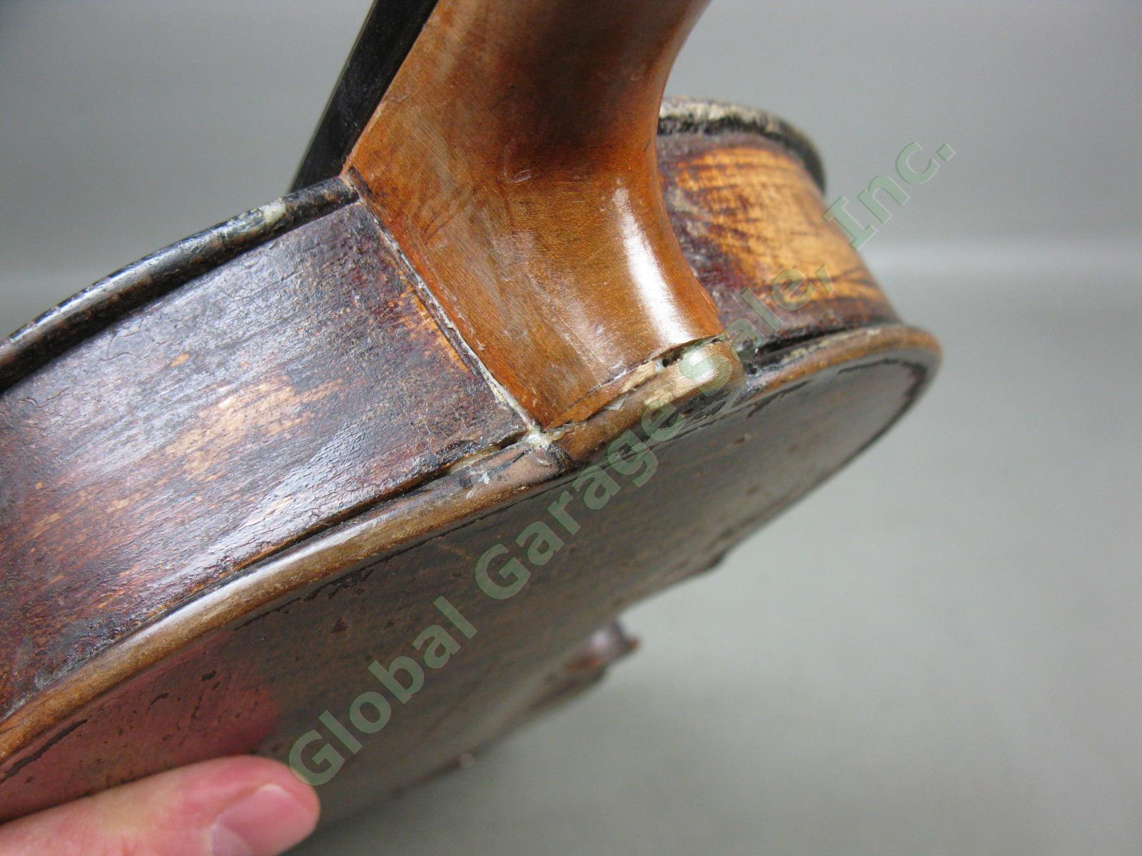 Vtg Antique Full Size 4/4 Wood Violin W/ Aubert Bridge Hard Case + Bow 14