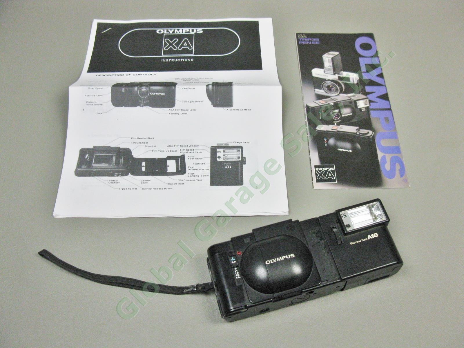 Vtg Olympus XA Rangefinder 35mm Film Camera + A16 Flash Bundle Lot Tested Works!