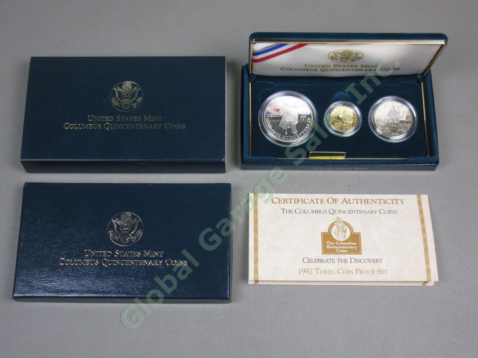 1492-1992 Columbus Quincentenary 3 Coin UC Proof Set $5 Gold Silver Dollar NR!