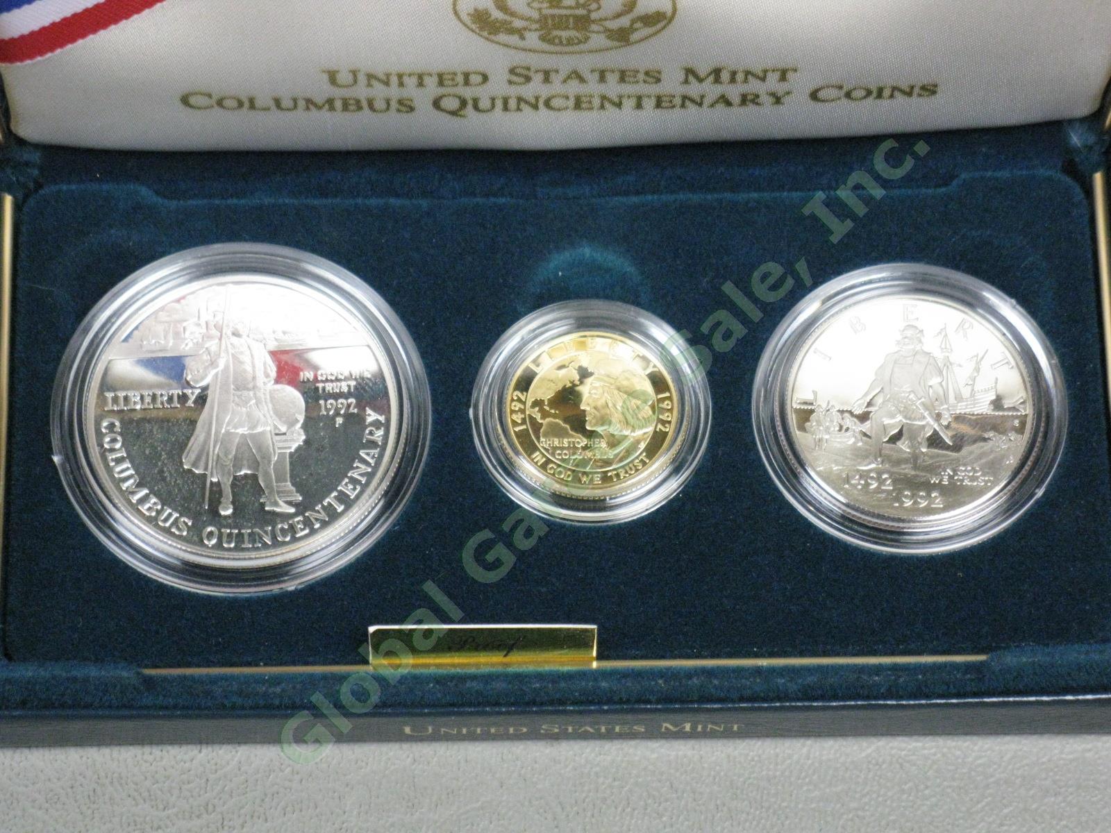 1492-1992 Columbus Quincentenary 3 Coin UC Proof Set $5 Gold Silver Dollar NR! 1