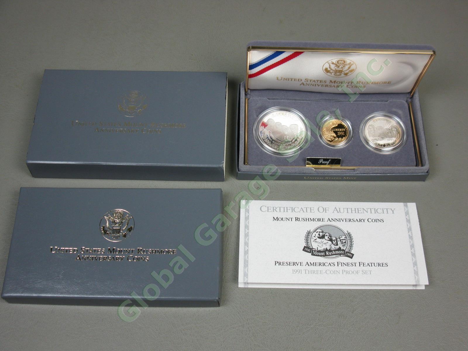 1991 US Mint Mount Rushmore 50th Anniversary 3-Coin UC Proof Set $5 Gold Silver