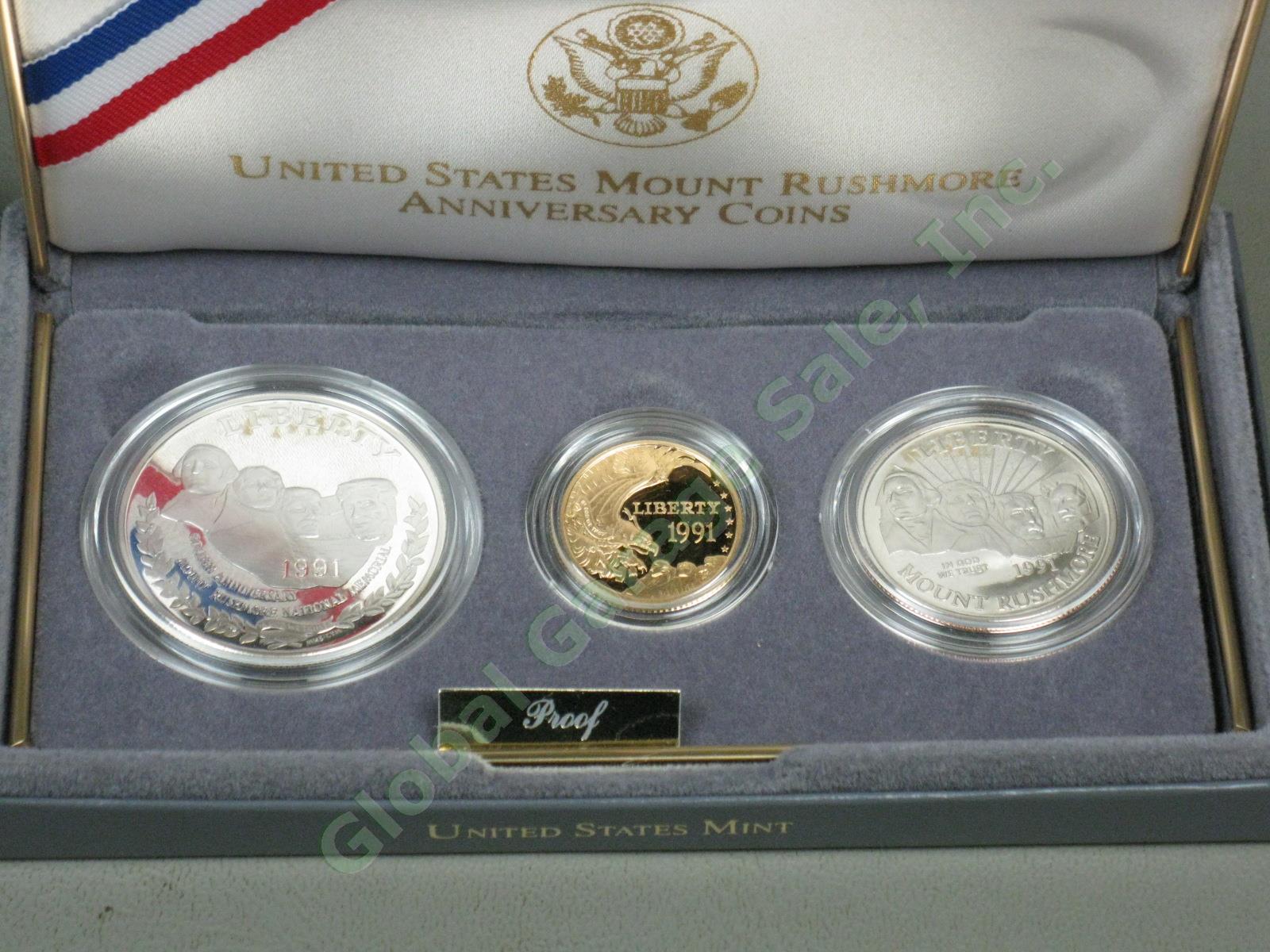 1991 US Mint Mount Rushmore 50th Anniversary 3-Coin UC Proof Set $5 Gold Silver 1